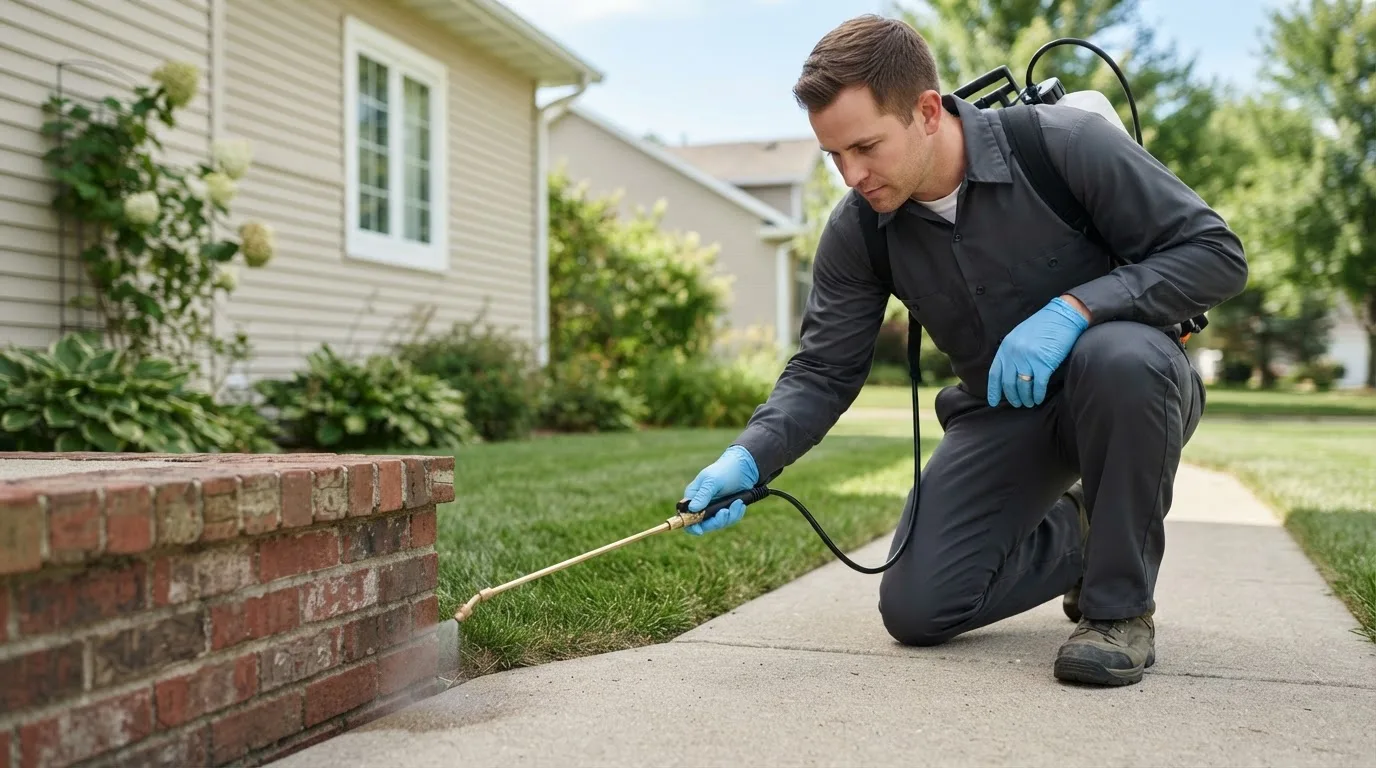 Pest control technician treating a home near Brewster, MA